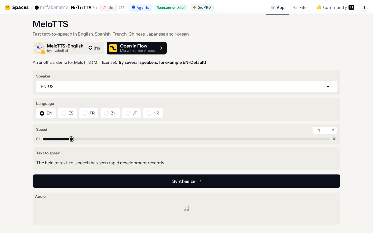MeloTTS（HF） 官网截图